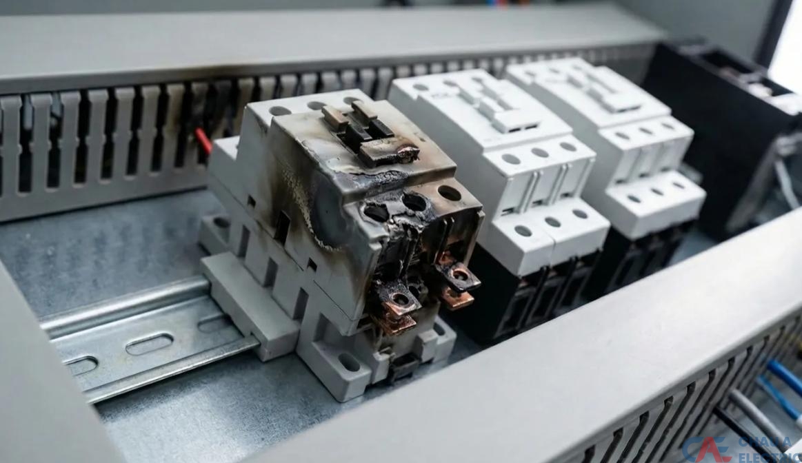 Contactor bị cháy - Nguyên nhân, dấu hiệu và cách khắc phục 1 Dấu hiệu contactor bị cháy rõ ràng nhất là bị nám đen và có mùi khét đặc trưng